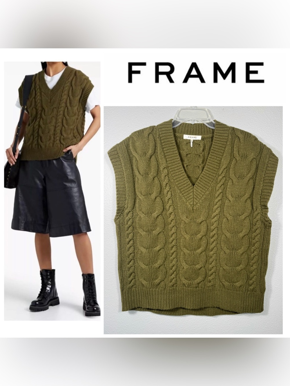FRAME Wool Cable Knit Sweater Vest Olive Surplus